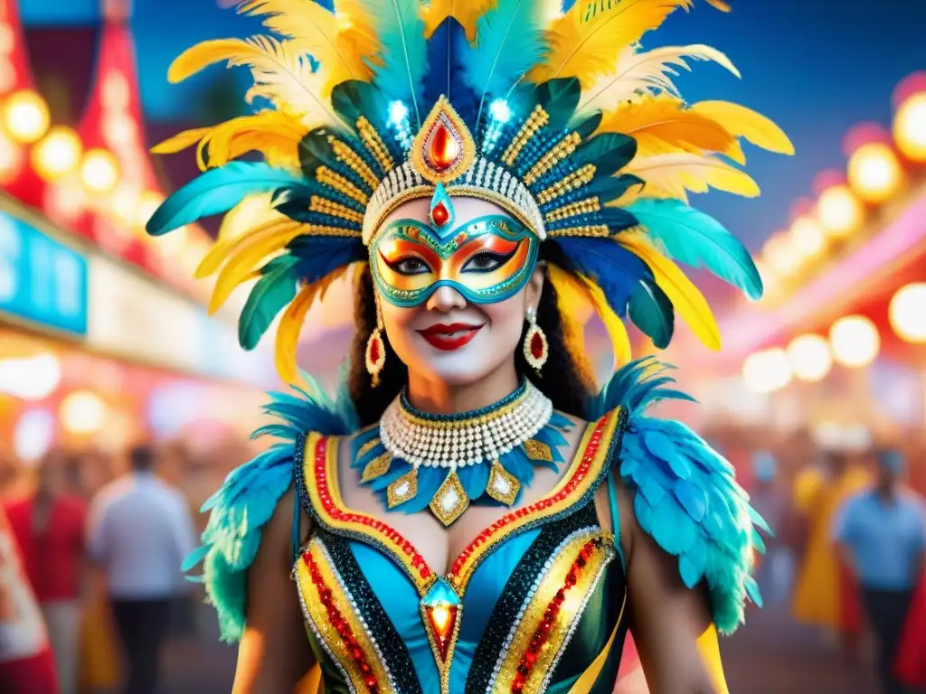 Traje de Carnaval Futurista con Luces LED y Tradición Traje de carnaval vibrante fusionando tradición y tecnología con luces LED y pantallas digitales, rodeado de una multitud animada