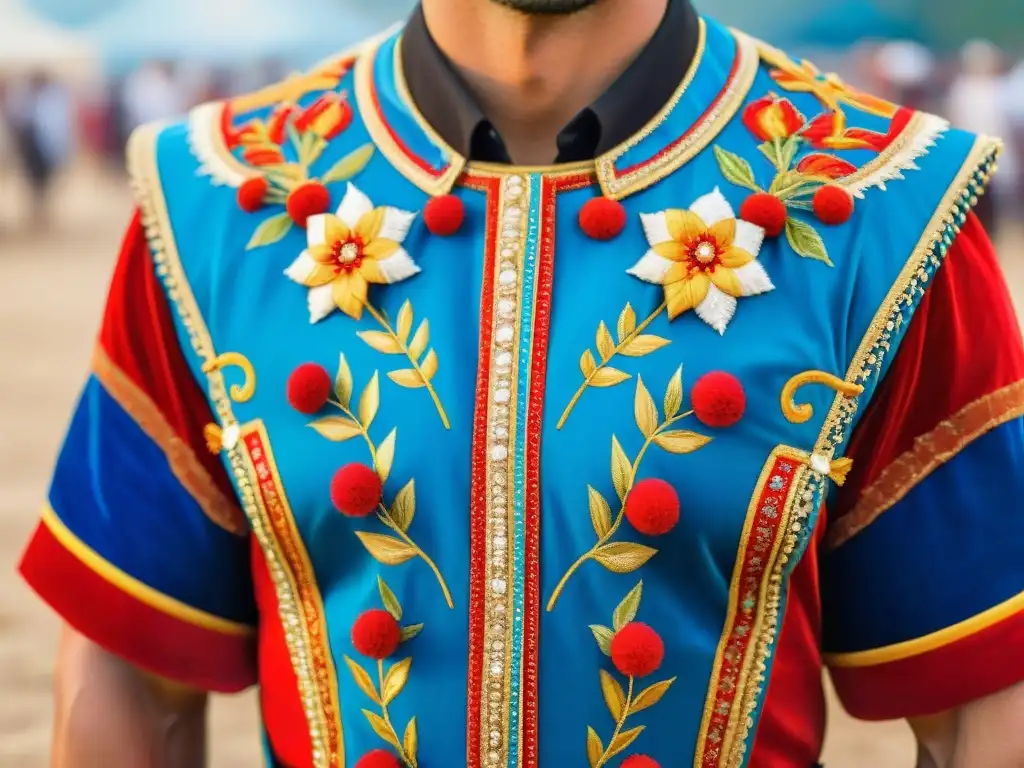 Carnaval uruguayo: detallado traje tradicional en acuarela Un traje histórico del Carnaval Uruguayo, detallado y vibrante en colores rojo, azul y dorado, con bordados y lentejuelas intrincados
