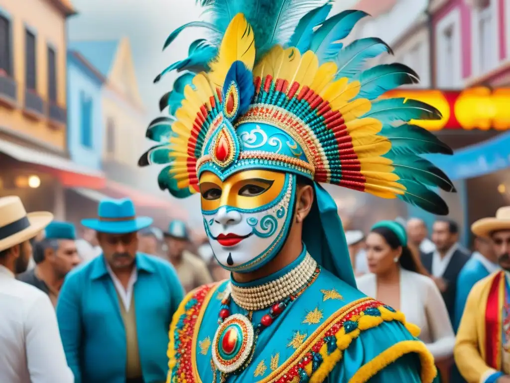 Traje de Carnaval Uruguayo: Colores vibrantes y detalles exquisitos Traje perfecto para Carnaval Uruguayo: Detalle vibrante de un traje tradicional con plumas, lentejuelas y bordados, en una calle festiva