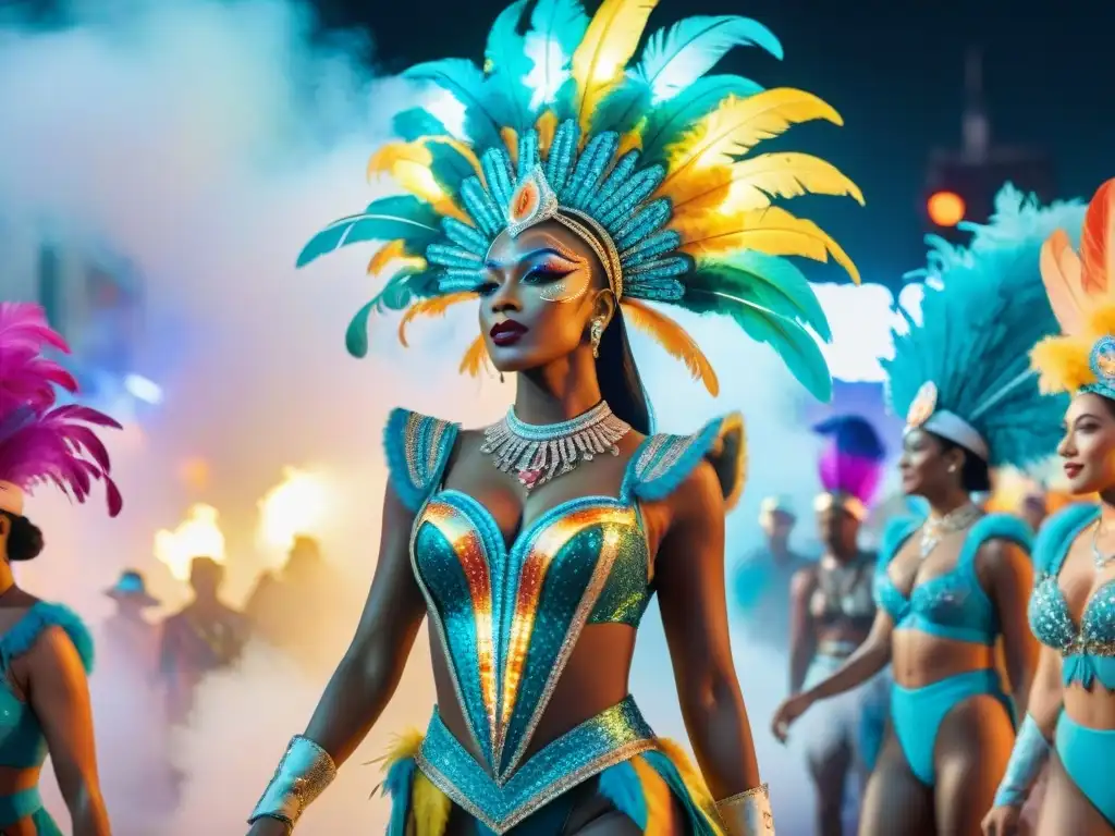 Desfile de Carnaval Futurista: Tradición y Tecnología en Armonía Trajes de carnaval fusionando tecnología y tradición con colores vibrantes y luces LED