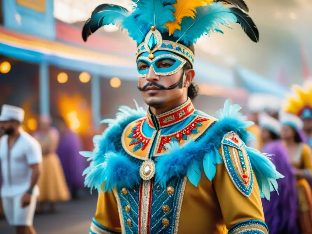 Traje de carnaval uruguayo: colorido y festivo Colección de trajes de carnaval uruguayo: un vibrante y elaborado traje con bordados, lentejuelas y plumas, en un desfile festivo