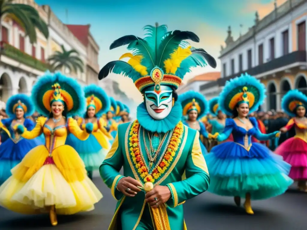 Pintura acuarela del vibrante Carnaval en Uruguay Transformaciones políticas Carnaval Uruguayo: Desfile vibrante con coloridos carros alegóricos, bailarines y músicos en un festivo escenario colonial