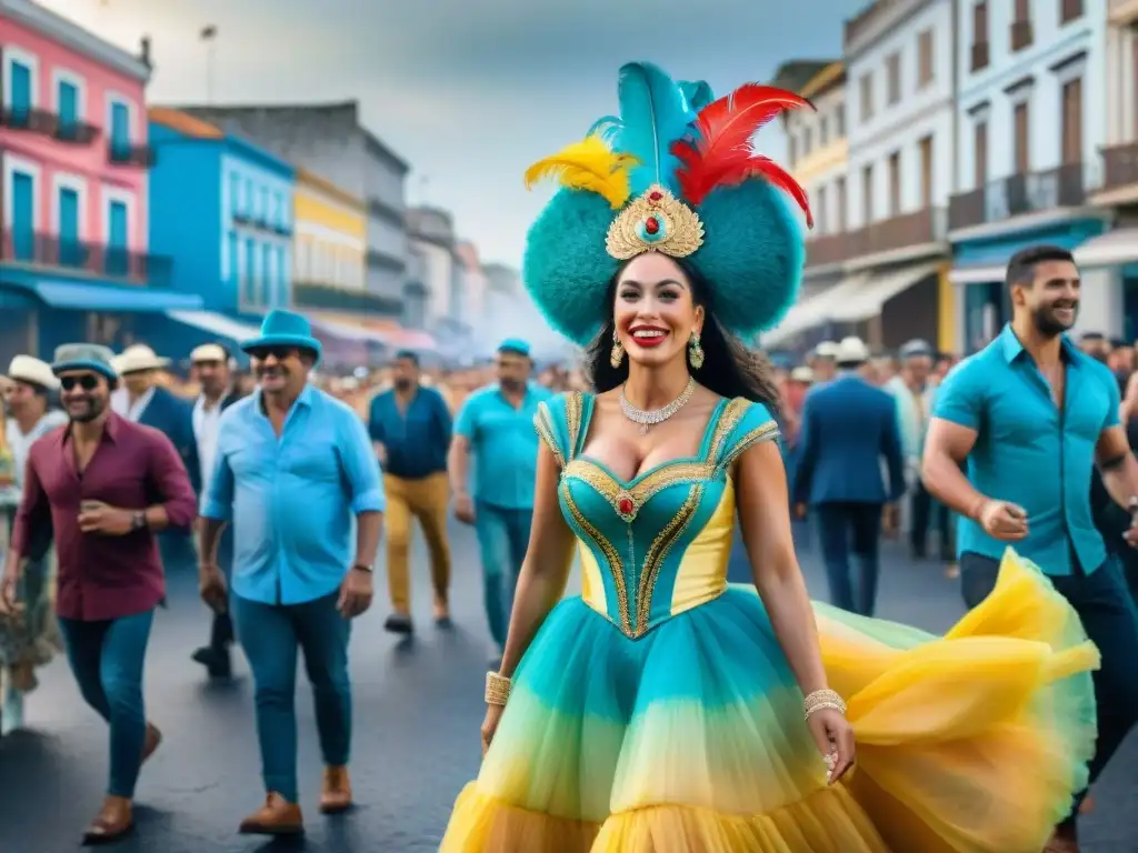 Carnaval en Uruguay: Explosión de color y alegría en las calles Turismo cultural: Carnaval Uruguayo en una vibrante pintura acuarela de una bulliciosa calle festiva