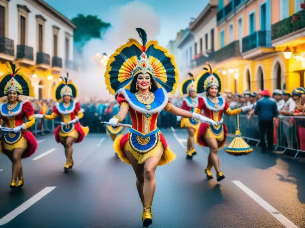 Deslumbrante pintura acuarela del Carnaval de Uruguay Turismo cultural en Carnaval Uruguayo: Pintura acuarela detallada de desfile vibrante con bailarines y carrozas coloridas en la calle