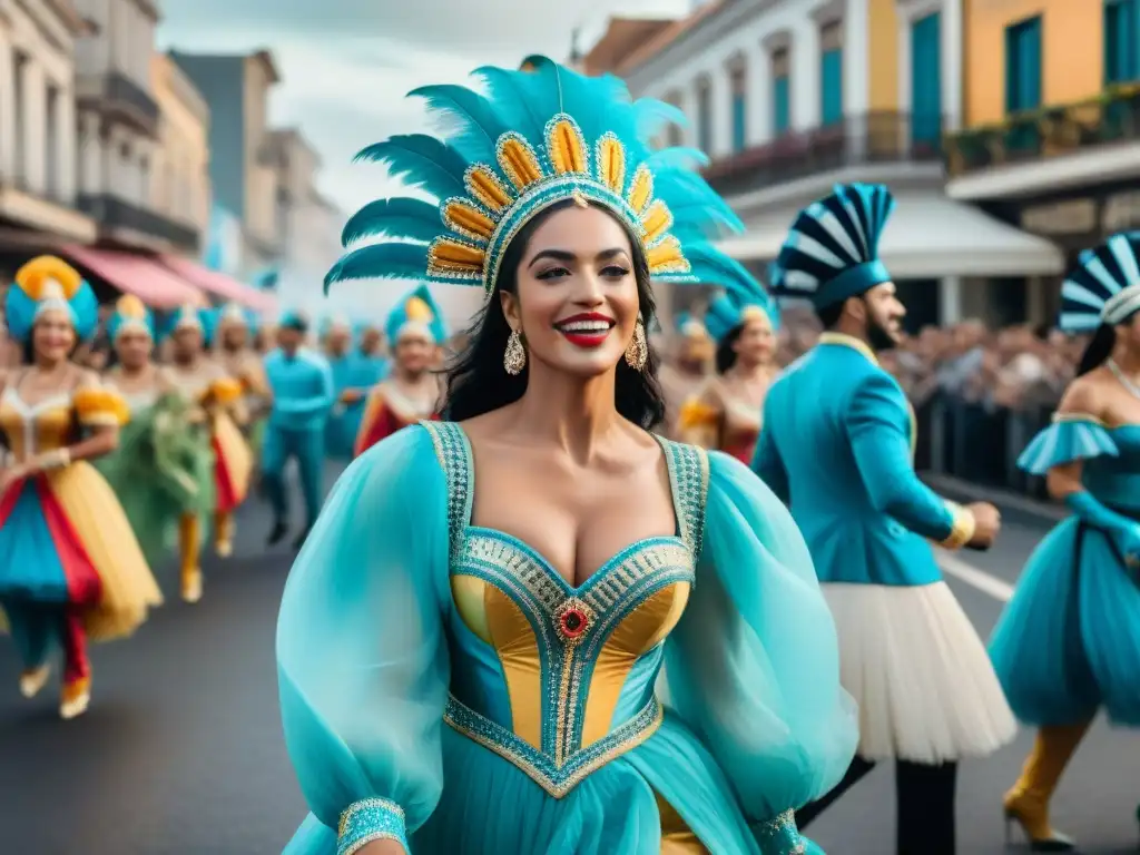 Deslumbrante Vedette afrouruguaya lidera Carnaval en Uruguay Una Vedette afrouruguaya lidera un vibrante desfile de Carnaval en Uruguay, rodeada de coloridos trajes y alegría