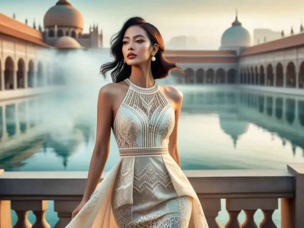 Diseño de moda: fusión de tradición y modernidad en acuarela Vestido de encaje vintage con patrones geométricos modernos, perlas clásicas y detalles metálicos futuristas