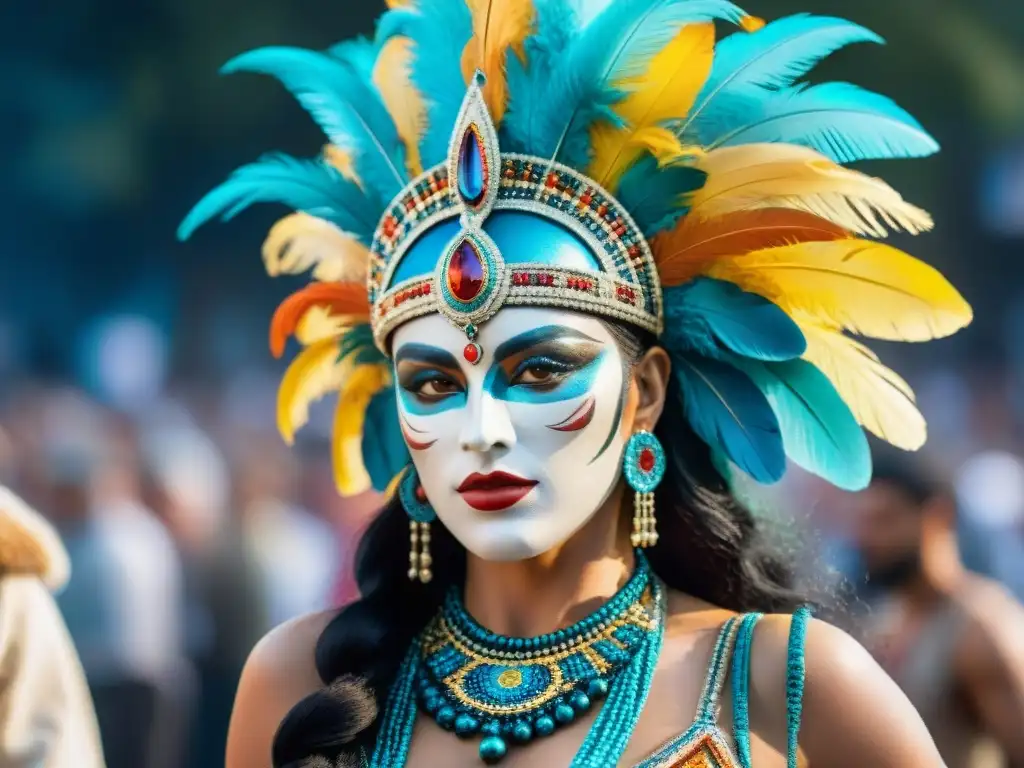 Evolución de trajes de carnaval en Uruguay: de plumas a diseños modernos Evolución del vestuario de comparsas en vibrante acuarela uruguaya