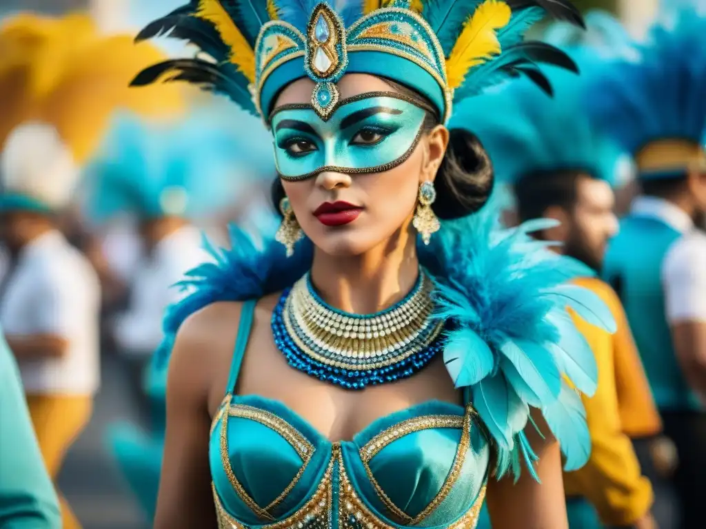 Transformación vibrante: evolución de trajes de carnaval en Uruguay Evolución de vestuarios de Carnaval Uruguayo desde lo tradicional a lo moderno, con colores vibrantes y detalles brillantes