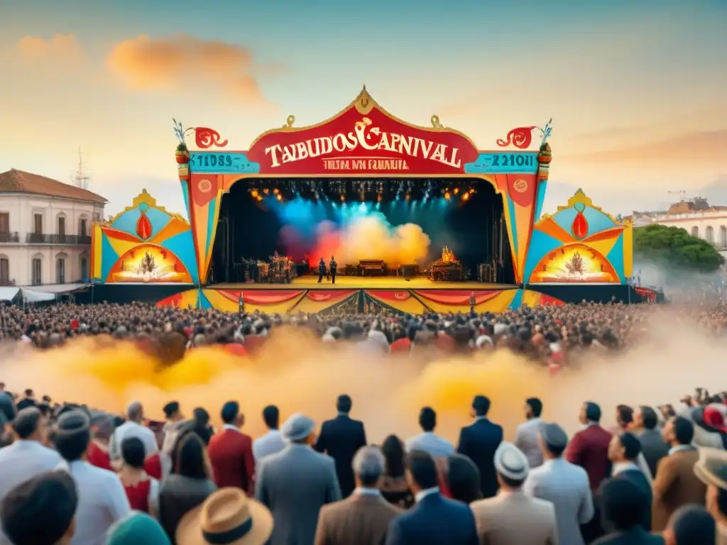 Evolución de tablados de Carnaval en acuarela detallada Un viaje visual a través de la evolución de los tablados del carnaval uruguayo, desde lo rústico a lo colorido