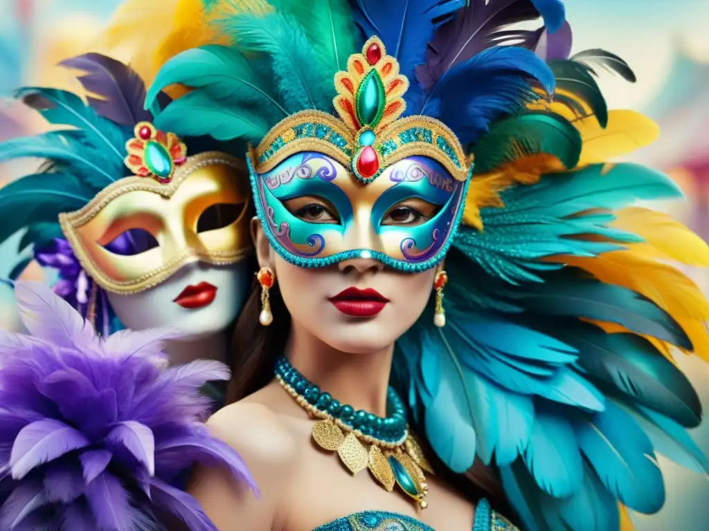 Accesorios de Carnaval: Máscaras, Collares y Abanicos Una ilustración acuarela vibrante de accesorios originales para Carnaval: máscaras de plumas, collares de cuentas, tocados brillantes y abanicos ornamentados, en una paleta de colores festiva