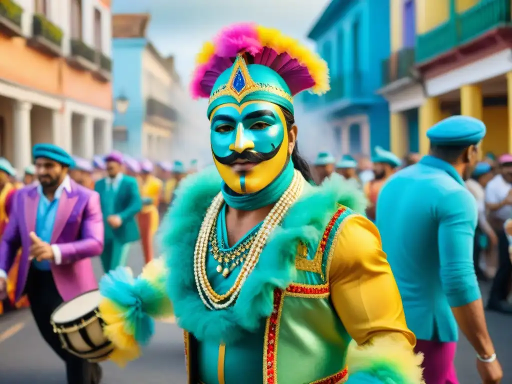 Deslumbrante Carnaval en Uruguay: Baile, Música y Colorido Una vibrante ilustración de acuarela que representa un animado desfile de Carnaval en Uruguay, con bailarines, músicos y coloridas carrozas