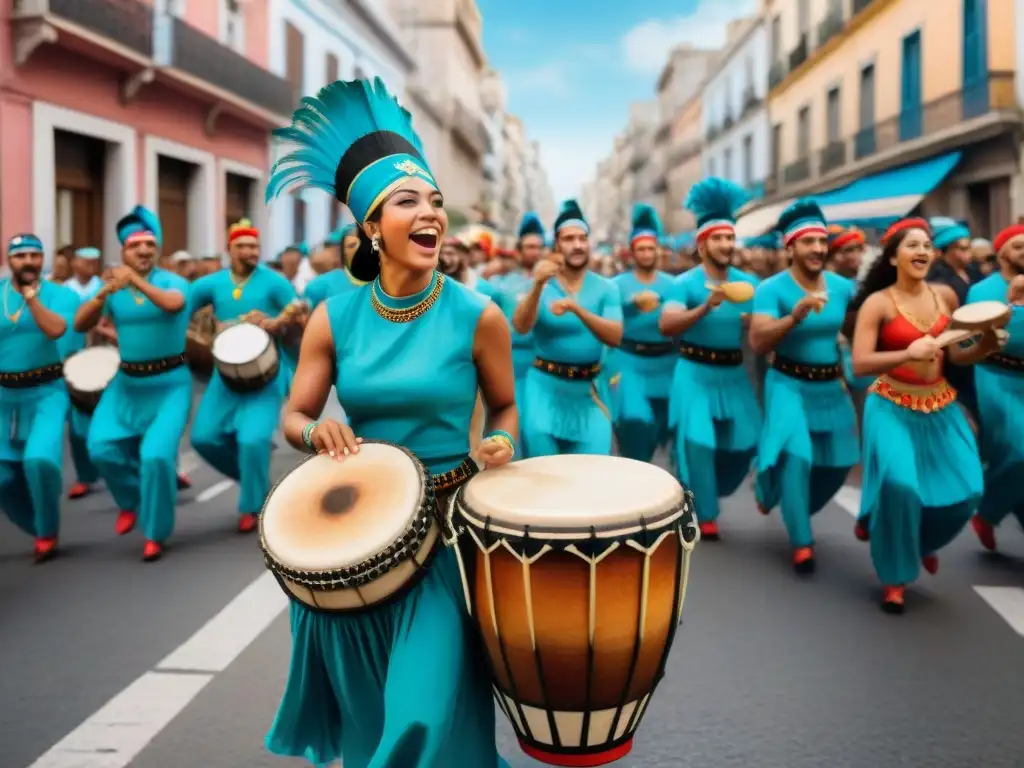 Desfile de Candombe en Montevideo: alegría y tradición AfroUruguaya Una vibrante ilustración en acuarela de un animado desfile de Candombe en Montevideo, Uruguay