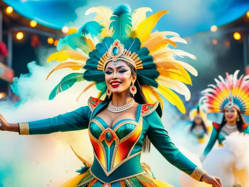 Espectáculo vibrante de Carnaval: Bailarines en escena Una vibrante ilustración en acuarela de artistas en escena, exhibiendo técnicas de actuación en revistas con trajes coloridos y detallados