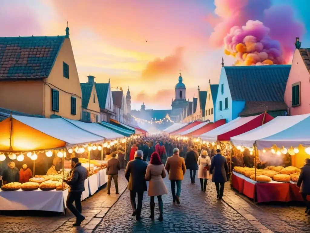 Una ilustración vibrante en acuarela de una calle tradicional uruguaya durante el Carnaval, llena de puestos de comida coloridos sirviendo platos icónicos como asado, choripán, empanadas y churros