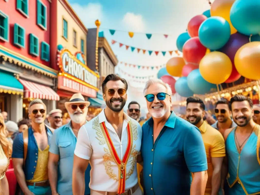 Directores de cine en carnaval: una ilustración vibrante y colorida Una ilustración vibrante acuarela de directores en cortometrajes de Carnaval, rodeados de coloridos desfiles y espectadores alegres