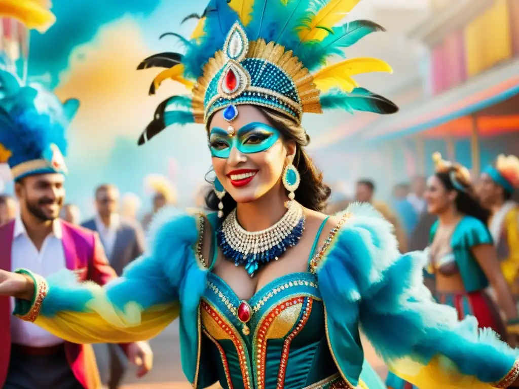 Colorido Carnaval Uruguayo: Trajes Sostenibles y Festividad Una ilustración vibrante en acuarela de elegantes asistentes al carnaval en trajes tradicionales uruguayos, hechos con materiales sostenibles