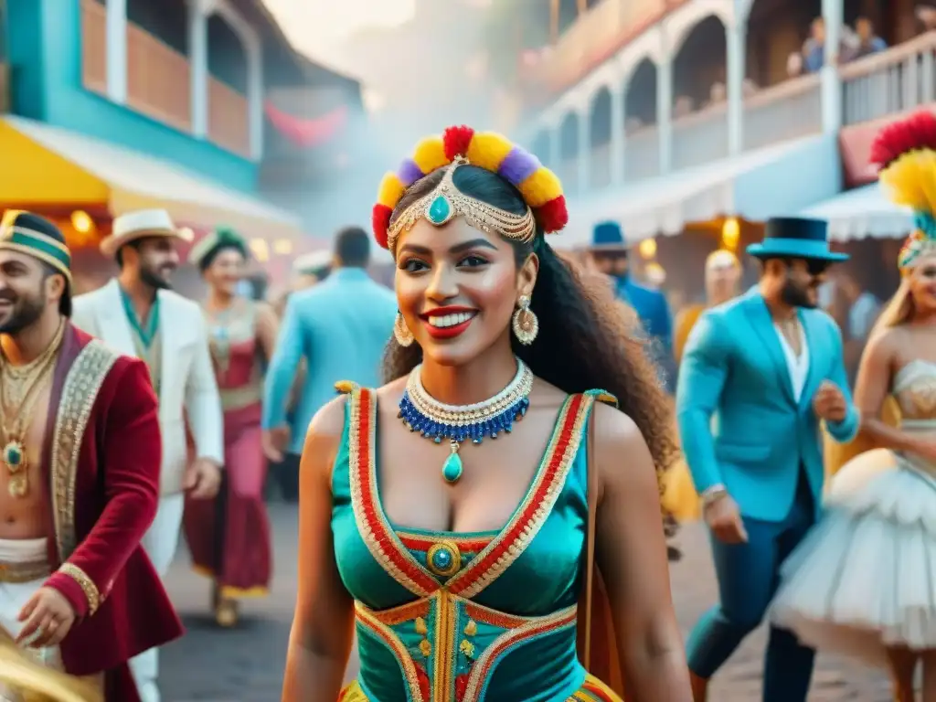 Influencers del Carnaval Uruguayo: Colores y Energía Festiva Una ilustración vibrante en acuarela de influencers en el Carnaval Uruguayo, destacando la energía y la colaboración