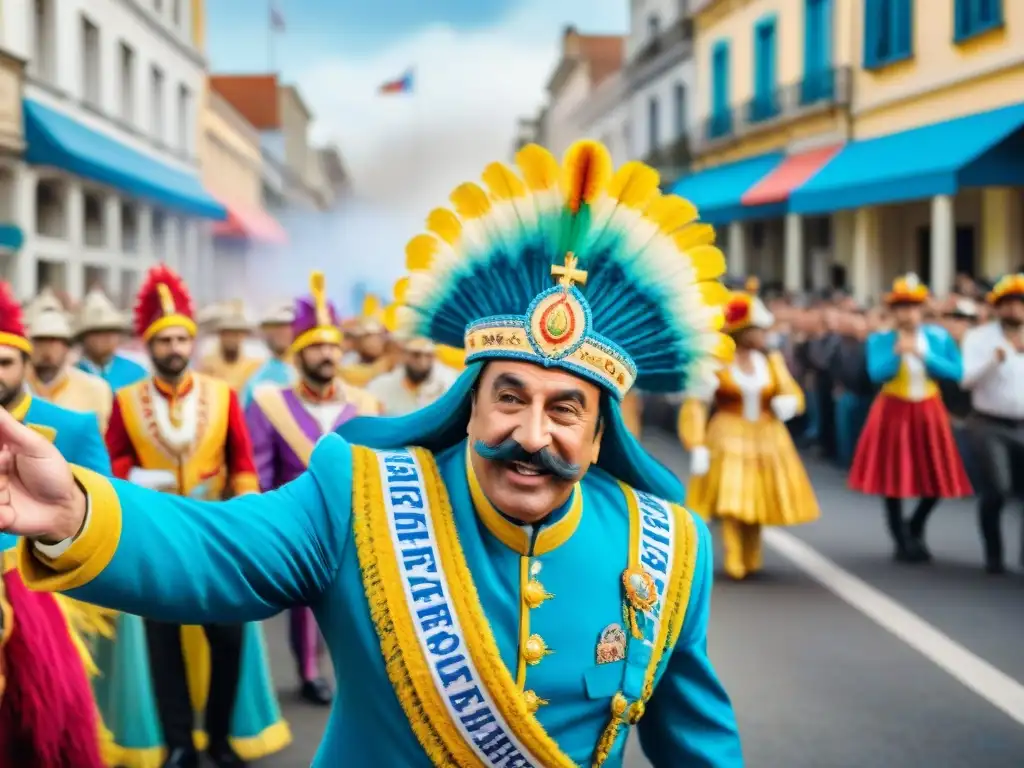 Carnaval político en Uruguay: líderes vestidos de fiesta Una ilustración vibrante en acuarela de líderes políticos clave en Uruguay, vestidos con trajes de carnaval coloridos y elaborados