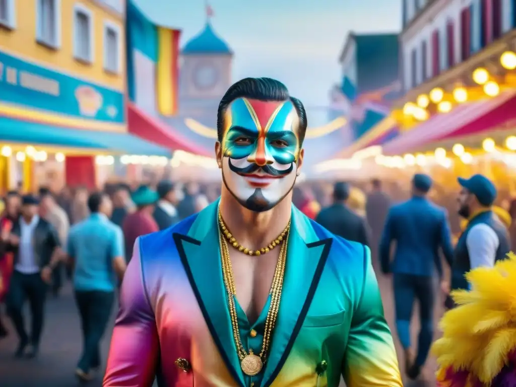 Carnaval en Uruguay: Calle vibrante y colorida Una ilustración vibrante en acuarela que captura la magia del carnaval en Uruguay