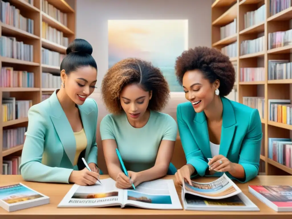 Mujeres creativas en el mundo de las revistas Un vibrante acuarela de mujeres diversas en roles creativos de revistas, destacando la creatividad y dinamismo en parodistas uruguayos