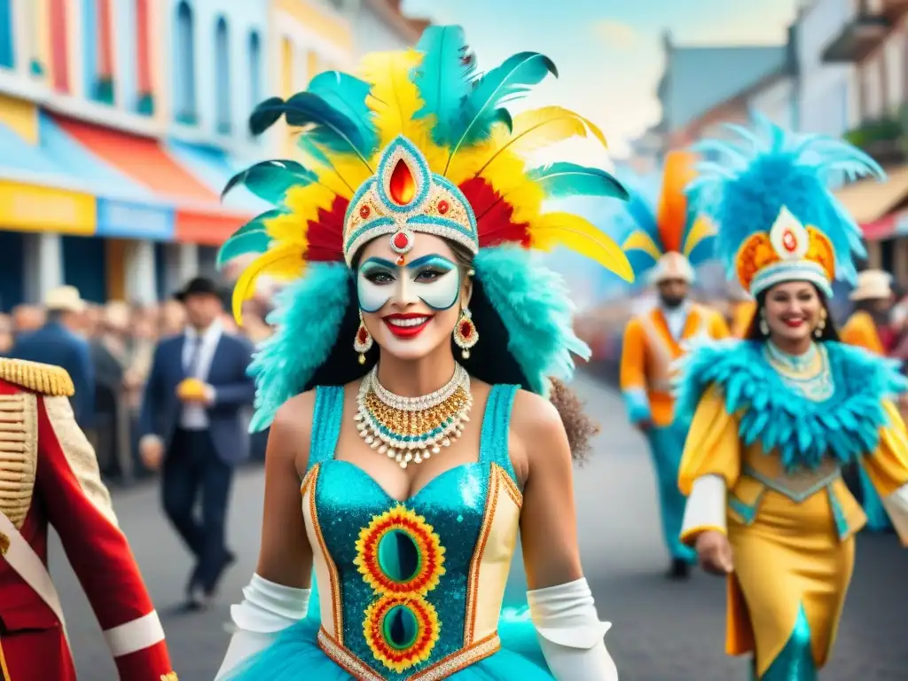 Evolución de trajes de vedette en el carnaval de Uruguay Una ilustración vibrante en acuarela que muestra la evolución de los trajes de vedettes en la historia del Carnaval de Uruguay