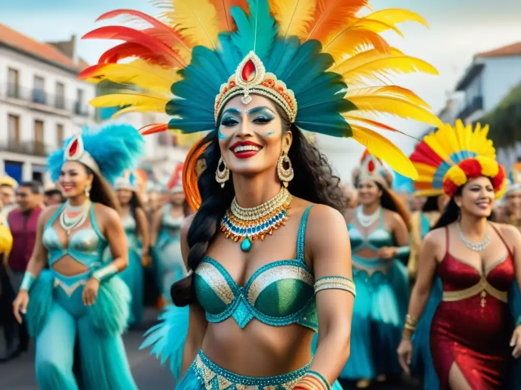 Deslumbrante Carnaval en Uruguay con la vedette Clementina Una vibrante vedette afrouruguaya en Carnaval, deslumbrante entre la celebración y la multitud festiva