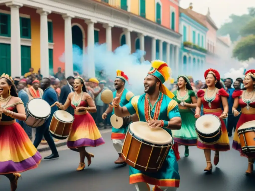 Carnaval vibrante: música, baile y color en las calles Una vibrante ilustración acuarela de un animado desfile de Carnaval, con música, danza y la importancia económica de esta festividad cultural