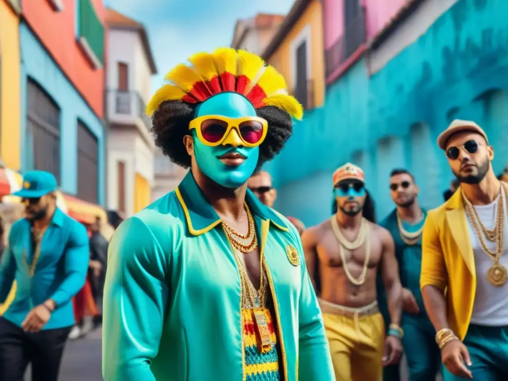 Carnaval uruguayo: tradición y streetwear fusionados Una ilustración acuarela vibrante que muestra artistas de Carnaval en atuendos tradicionales uruguayos fusionados con elementos de streetwear moderno