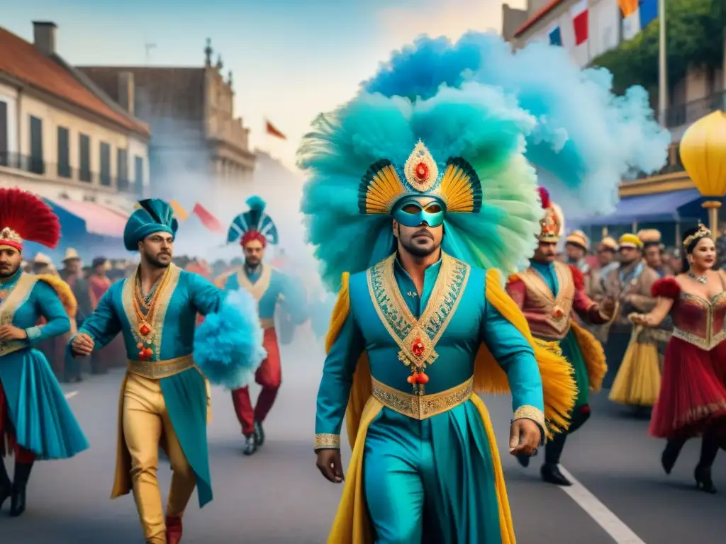 Deslumbrante Carnaval Uruguayo: Tradición y Color Vibrante ilustración acuarela de artistas con diseño de vestuario Carnaval Uruguayo