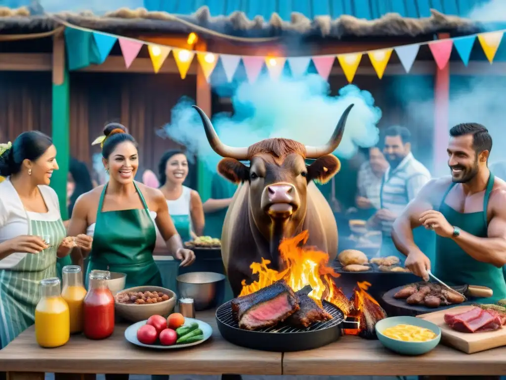 La tradición del Asado con Cuero en el Carnaval Uruguayo Vibrante Asado con Cuero tradicional Uruguayo en el Carnaval, fusionando cultura y tradición