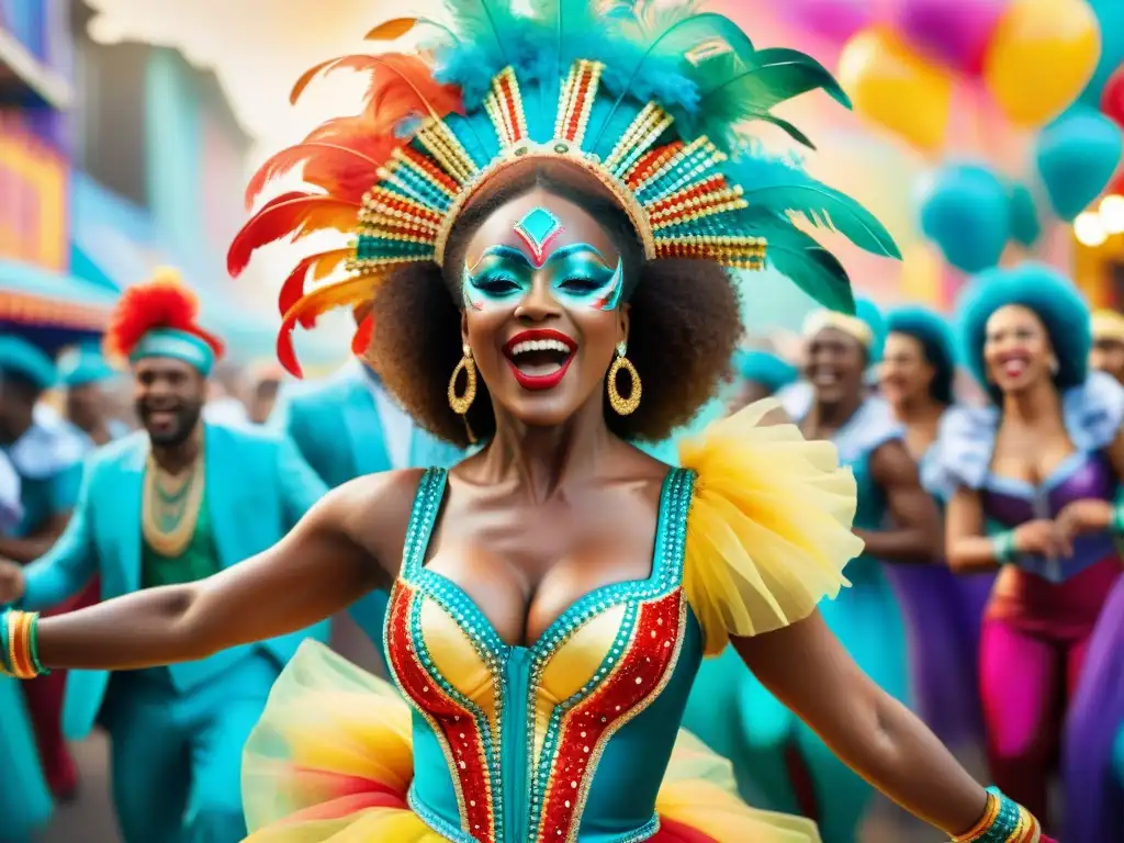 Danza alegre en el carnaval: vibrante ilustración acuarela Una ilustración acuarela vibrante de bailarines alegres en trajes coloridos en el Carnaval