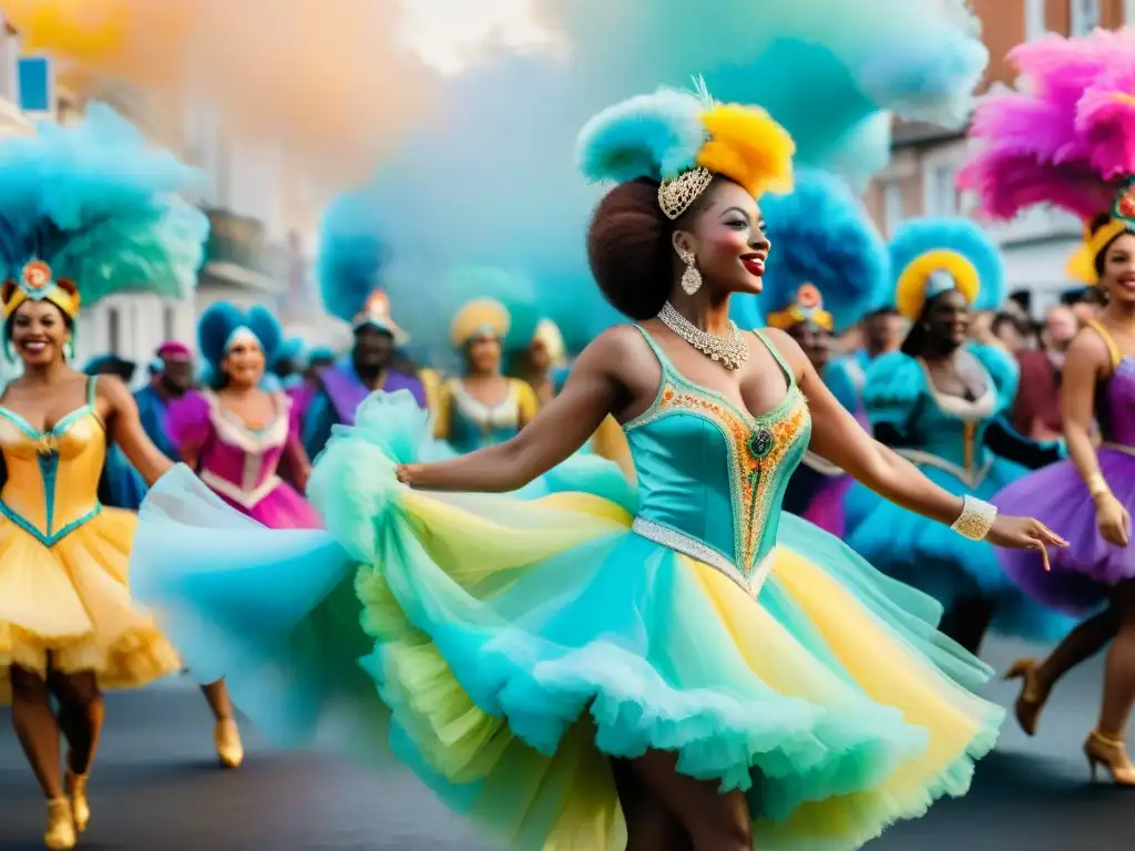 Baile de Carnaval: Celebración en Acuarela Una ilustración acuarela vibrante de bailarines en trajes de Carnaval, celebrando con técnicas avanzadas de danza