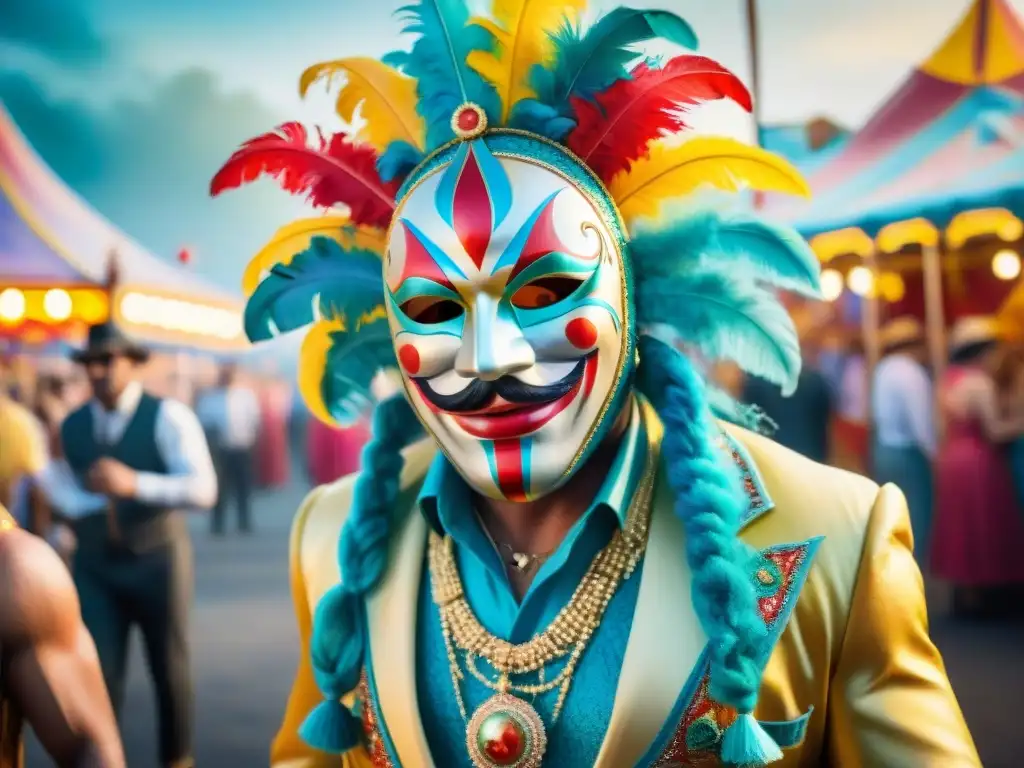 Vibrante carnaval en Uruguay: danza, música y color Una ilustración acuarela vibrante de una bulliciosa calle de carnaval en Uruguay, llena de coloridos trajes, música animada y bailarines alegres