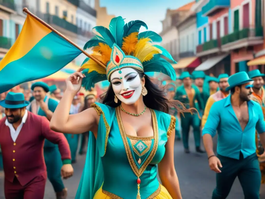 Carnaval de Uruguay: Alegría y Color en las Calles Vibrante ilustración acuarela del bullicioso Carnaval Uruguayo, resaltando la importancia económica artesanos