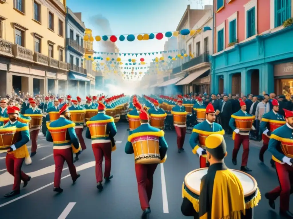 Ilustración acuarela vibrante de un bullicioso carnaval en Montevideo, Uruguay