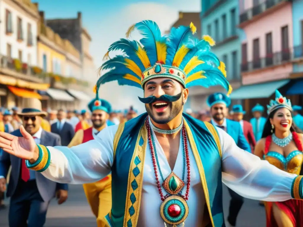 Deslumbrante desfile de carnaval en Uruguay Ilustración acuarela vibrante de un bullicioso desfile de Carnaval en Uruguay, con murgas y humoristas en tablados