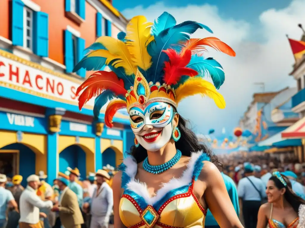 Deslumbrante Carnaval en Uruguay: Coloridas fiestas y alegría Una ilustración vibrante de un bullicioso desfile durante el Carnaval en Uruguay, con trajes coloridos, música animada y vistosos carros alegóricos
