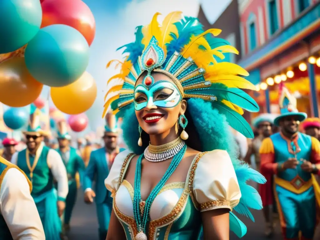 Carnaval vibrante: calle llena de coloridos trajes y baile alegre Una vibrante ilustración acuarela de un bullicioso desfile de Carnaval con paletas de colores para Carnaval