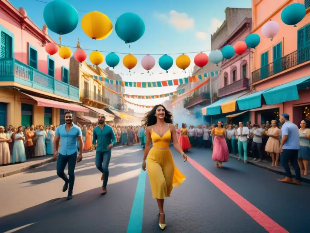 Pintura acuarela del Carnaval en Montevideo, Uruguay Vibrante calle de Montevideo durante el Carnaval, con artistas y música