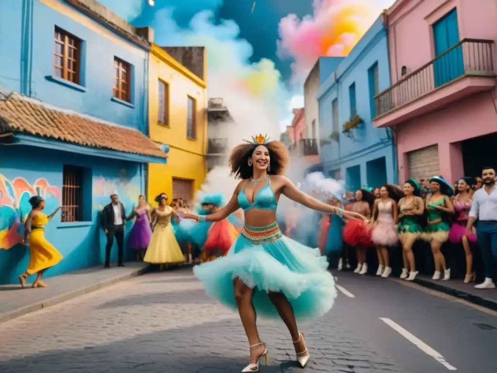 Calles vibrantes: Carnaval en Uruguay con arte urbano colorido Vibrante ilustración acuarela de calle uruguaya en Carnaval con graffiti colorido