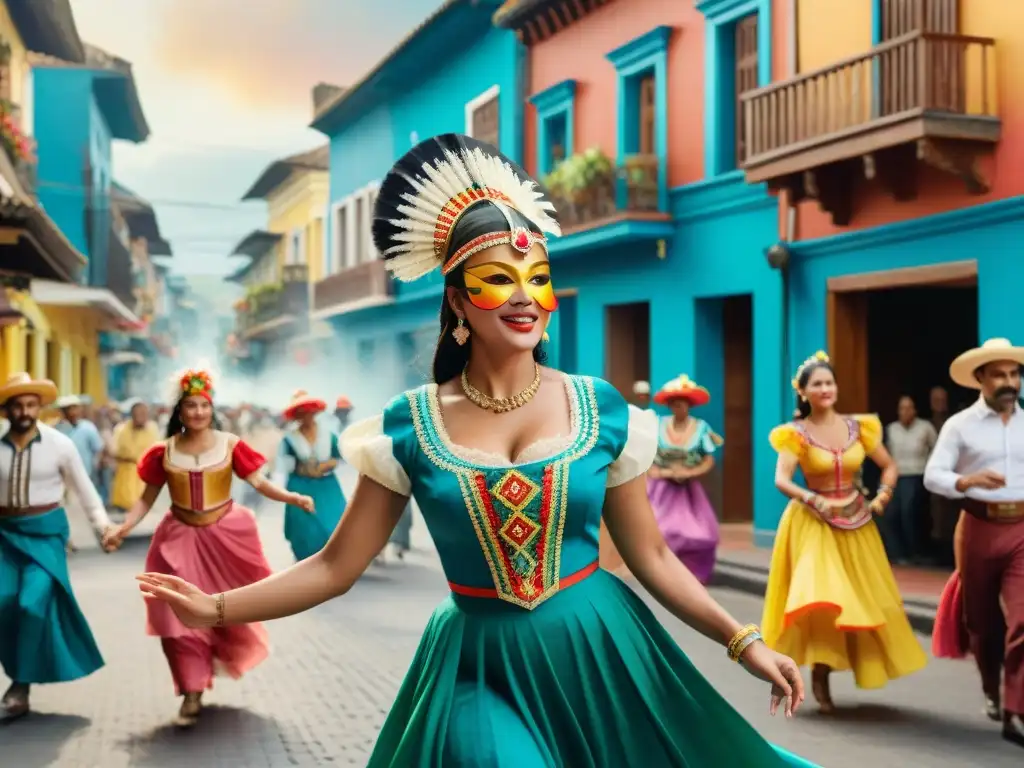 Escena colorida de 'Las Llamadas' en Colombia: energía y tradición Una vibrante calle de Colombia durante Las Llamadas, resaltando trajes tradicionales y arquitectura