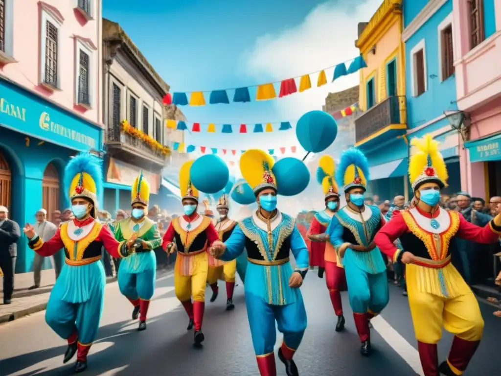Carnaval en Uruguay: ilustración acuarela de fiesta vibrante Una vibrante calle llena de entusiastas del carnaval uruguayo, con edificios tradicionales y coloridos adornos