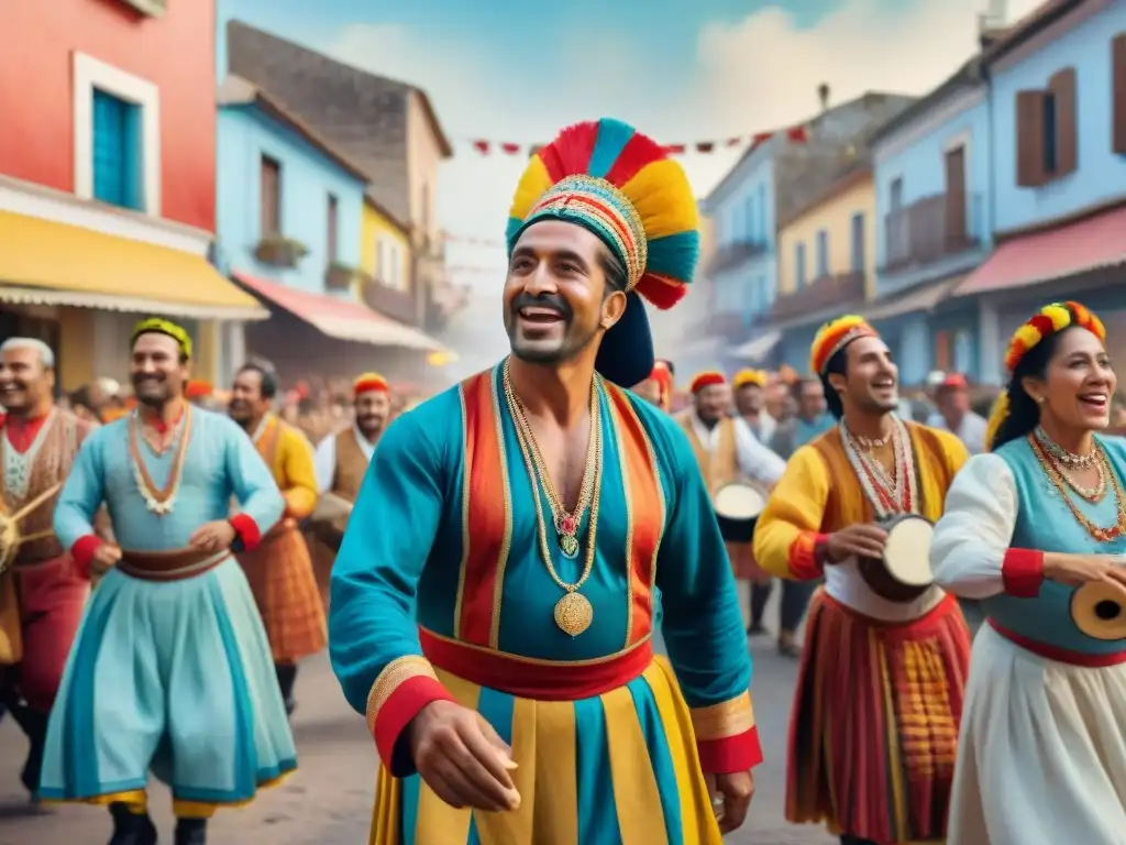 Intensa murga uruguaya en el Carnaval: color, pasión y música Una vibrante ilustración acuarela de cantantes de murga uruguaya, exhibiendo técnicas vocales únicas en un desfile de Carnaval