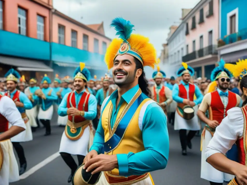 Carnaval Uruguayo: colorida fiesta de alegría y tradición Una ilustración acuarela vibrante captura emociones en el Carnaval Uruguayo: desfiles, música, colores y alegría en las calles