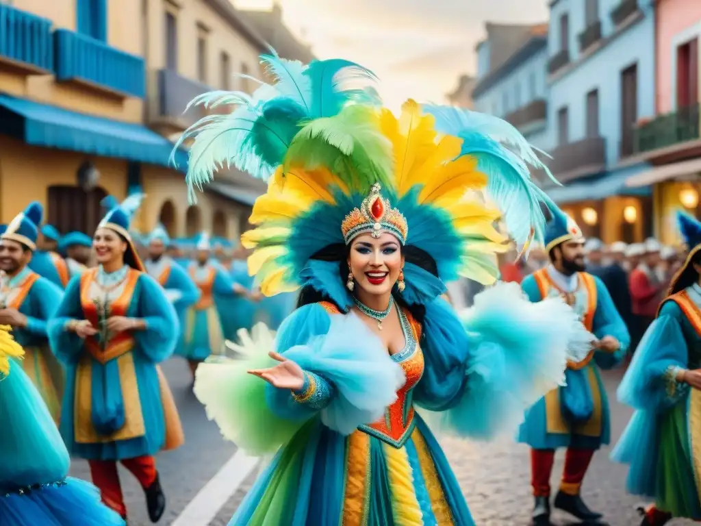 Desfile vibrante del Carnaval en Uruguay Vibrante ilustración acuarela del Carnaval en Uruguay