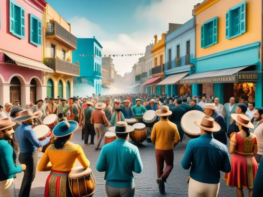 Vibrante ilustración acuarela de Montevideo en Carnaval