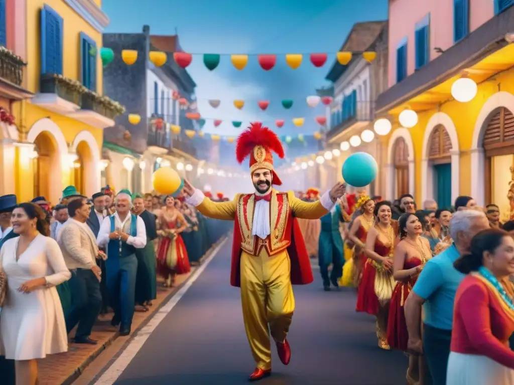 Celebración vibrante: Carnaval en Uruguay Vibrante Carnaval en Uruguay: bailarines, música alegre y desfiles de carrozas en una calle festiva