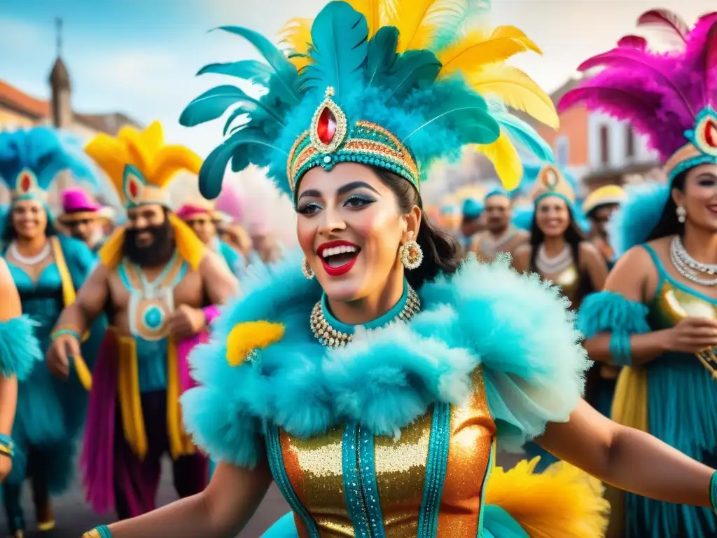 Colorido Carnaval de Uruguay: Celebración festiva y vibrante Un vibrante Carnaval de Uruguay: artistas en trajes icónicos