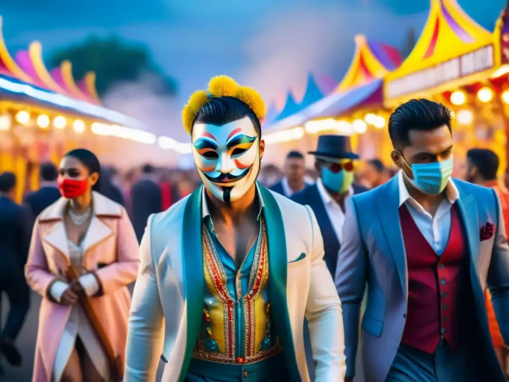 Cuadro acuarela: Carnaval vibrante al atardecer Un vibrante carnaval al atardecer, con máscaras coloridas, música animada y Huellas de Idea Vilariño Carnaval