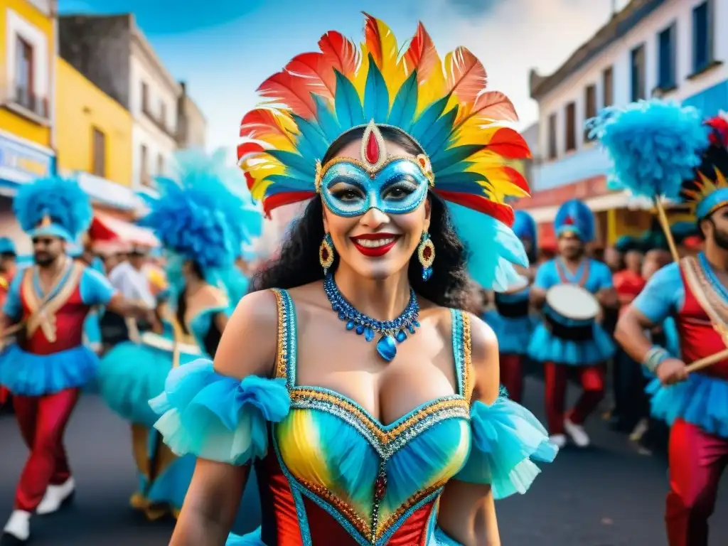 Deslumbrante carnaval en Uruguay: danzas, música y colorido Vibrante Carnaval en Uruguay con bailarines, carrozas y espectadores